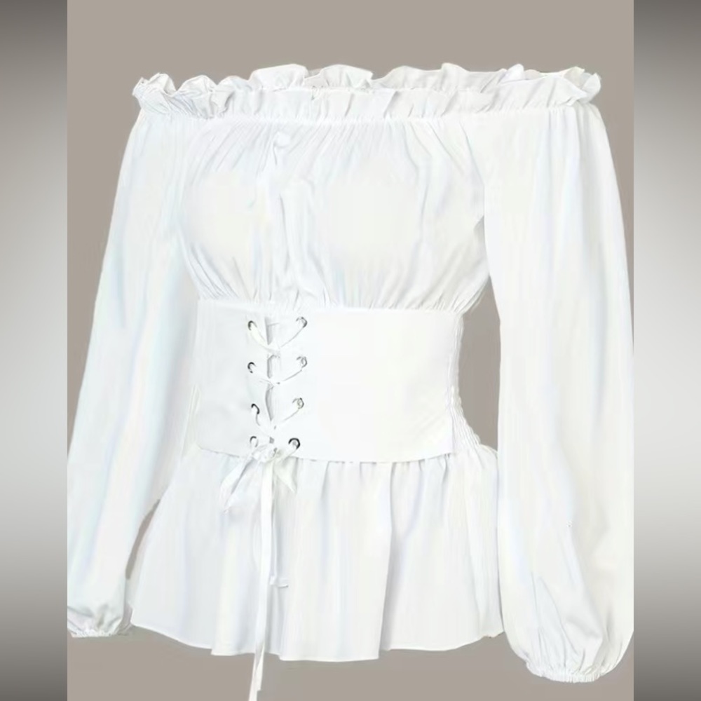 A) Ladies White Off The Shoulder Ruffled Long Sleeve Blouse. NWOT - Picture 2 of 3